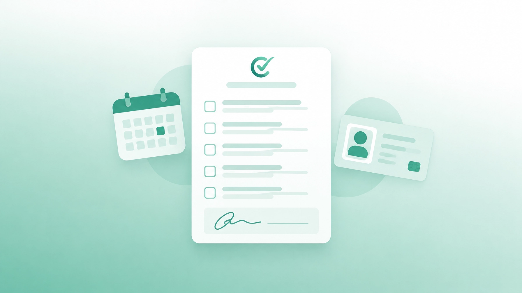 A consent form with checkboxes and a signature line, beside a calendar and a photo identification card